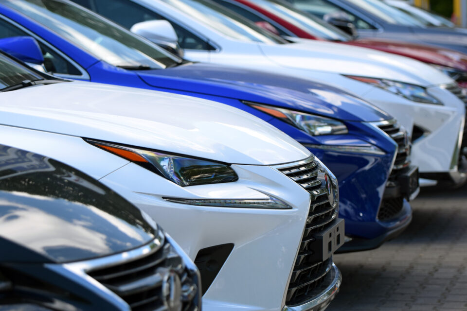 Berlin, Germany - 24th May, 2018: Lexus NX (Toyota Group) SUV vehicles on the public parking in a row. The NX is a popular SUV from Lexus.