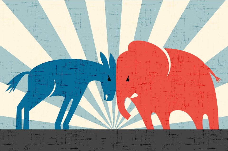 Democratic donkey and Republican elephant butting heads. Vector illustration.